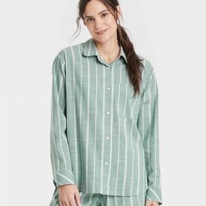 Striped Cotton Blend Long Sleeve Pajama Shirt - Auden™ Green TOP ONLY